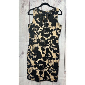 St. Tropez West Black Beige Floral Sleeveless Linen Beaded Dress Size 8